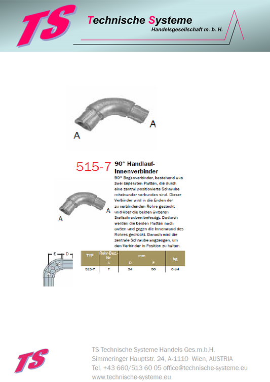 KK515-7 Kee Access Rohrverbinder Typ 515 Größe 7        Handlauf-InnenVerbinder 90°  ID 42.4mm