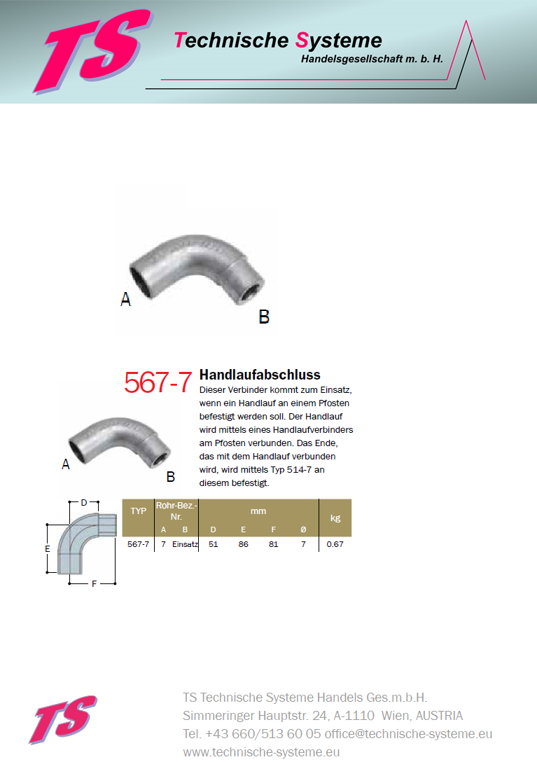 KK567-7 Kee Klamp Rohrverbinder Typ 567 Größe 7        Handlauf-Abschluss ID 42.4mm