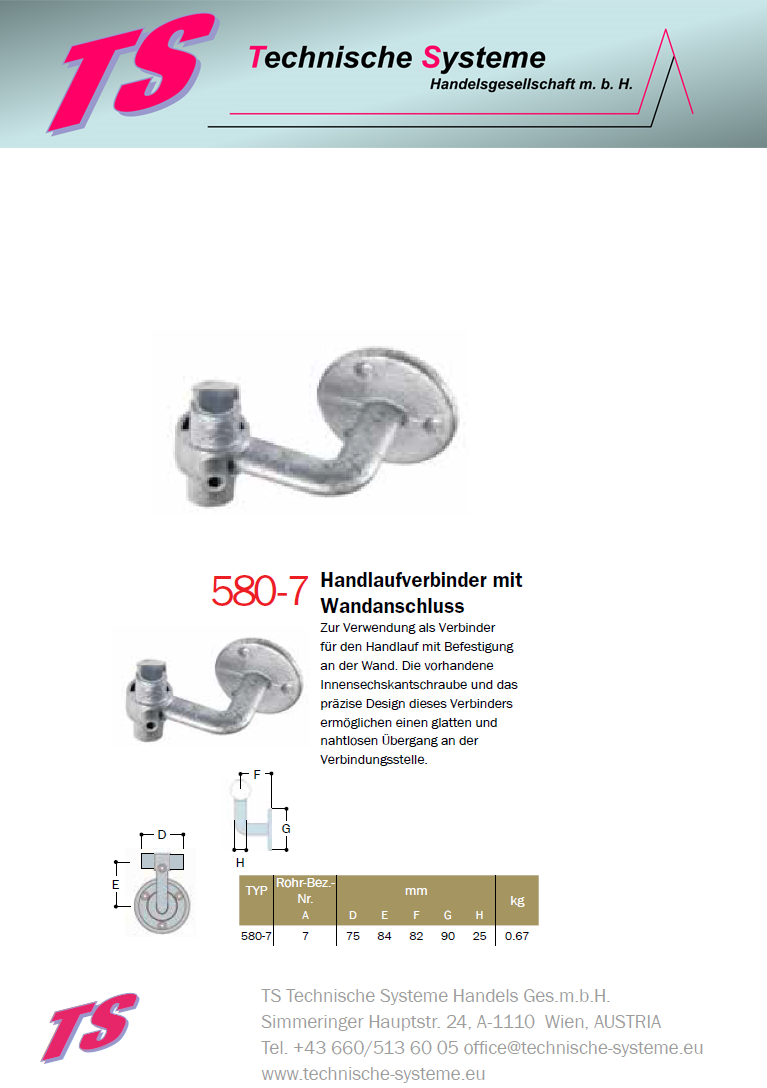 KK580-7 Kee Klamp Rohrverbinder Typ 580 Größe 7        Handlauf-Verbinder+Wandanschuss ID 42.4mm