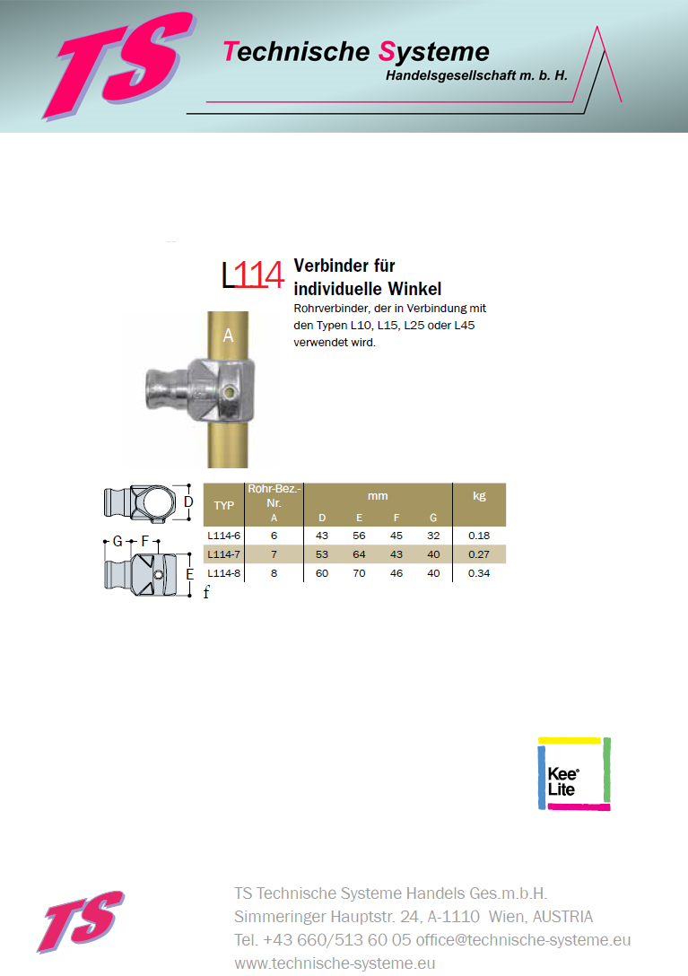 KL114-6  Kee Lite Rohrverbinder Typ 114 Größe 6      Verbinder für individuellen Winkel Aluminium 33,7mm