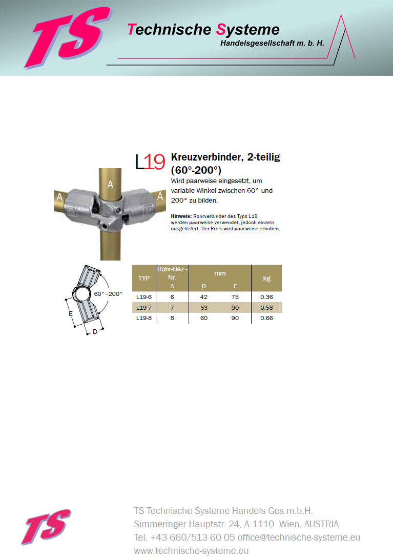 KL19-8  Kee Lite Rohrverbinder Typ 19 Größe 8        Winkel-Verbinder 60°-200° aus Aluminium ID 48,3 mm