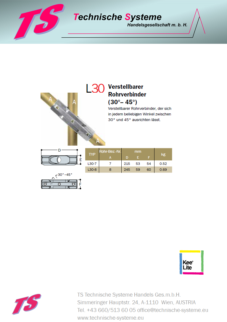 KL30-8  Kee Lite Rohrverbinder Typ 30 Größe 8         Kreuzverbinder 30°-45° aus Aluminium ID 48,3 mm