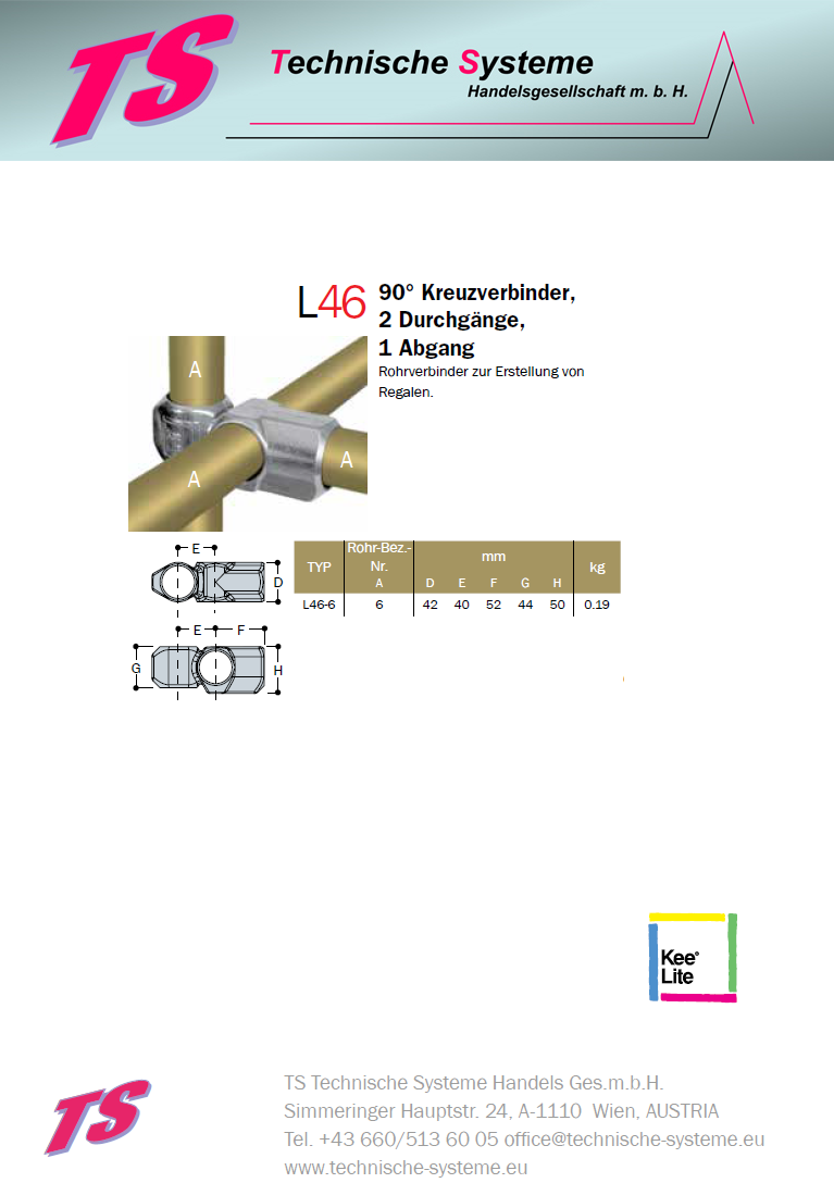KL46-6  Kee Lite Rohrverbinder Typ 46 Größe 6         Kreuzverbinder aus Aluminium ID 33,7mm