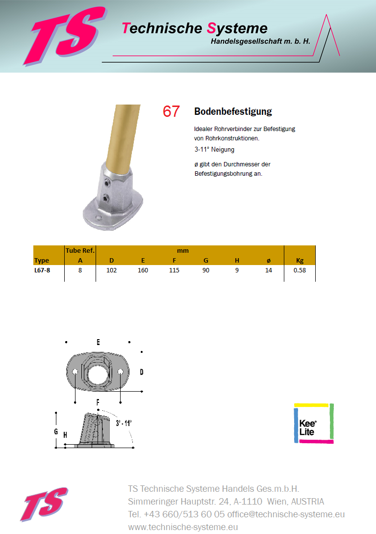 KL67-8 Kee Lite Rohrverbinder Typ 67 Größe 8      Bodenflansch  3-11° Aluminium ID 48,3mm