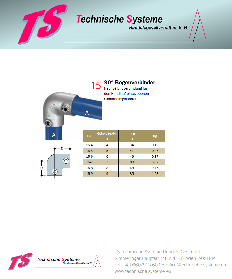 KK15-4 Kee Klamp Rohrverbinder Typ 15 Größe 4        Bogen 90° verzinkt ID 21.3mm