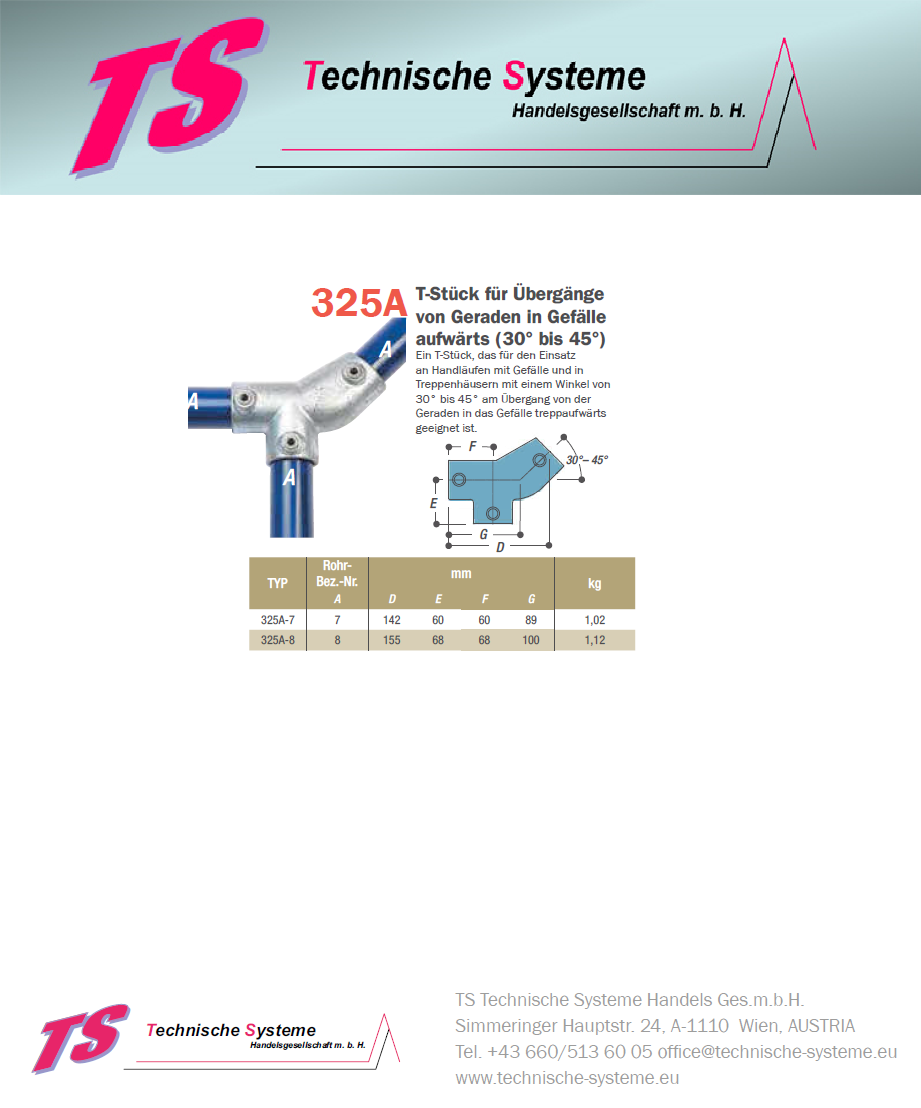 KK325A-8 Kee Klamp Rohrverbinder Typ 325A Größe 8        T-Verbinder aufwärts 30°-45° 48.3mm