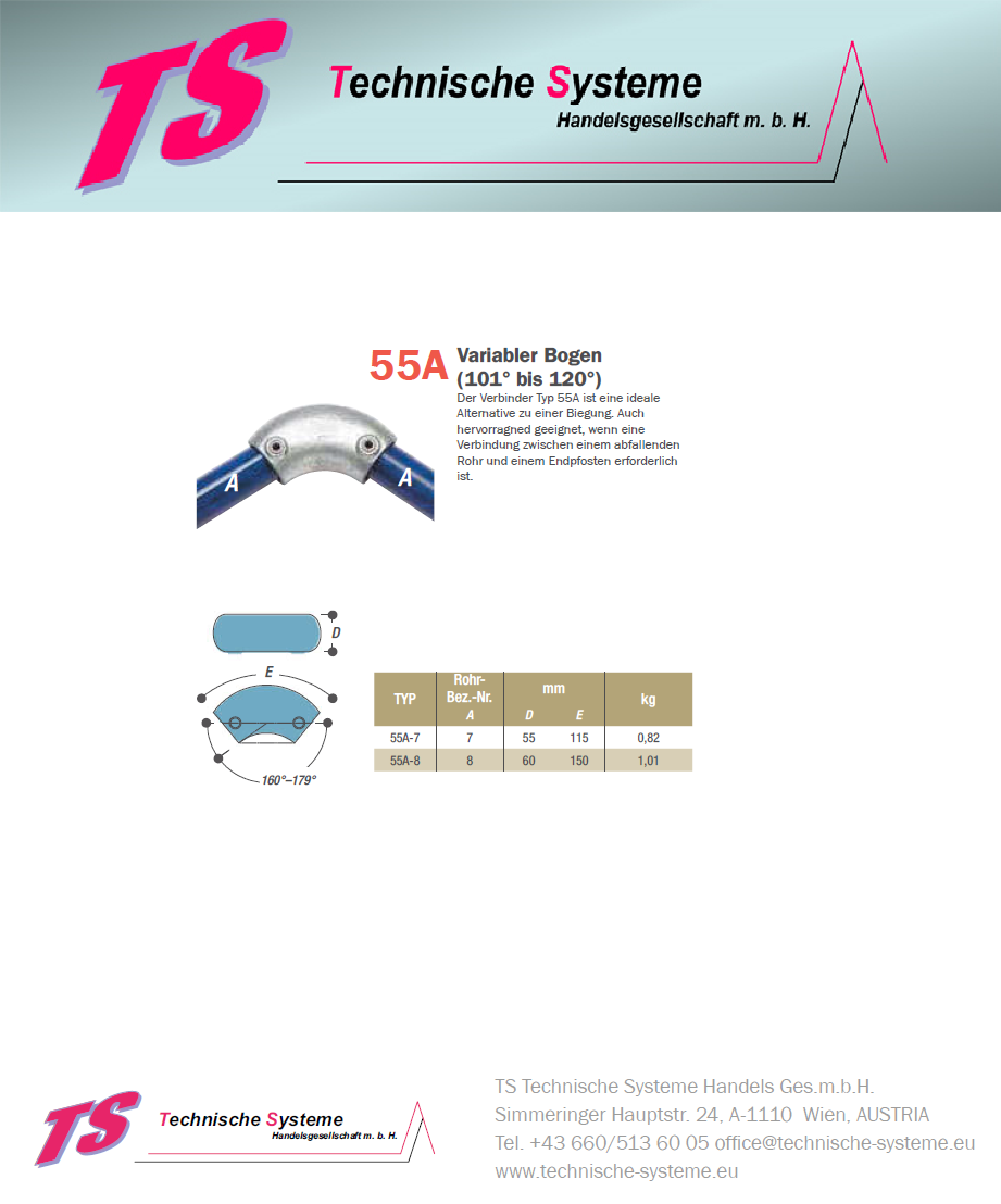KK55A-7 Kee Klamp Rohrverbinder Typ 55A Größe 7        Bogen 101-120° verz. ID 42.4mm