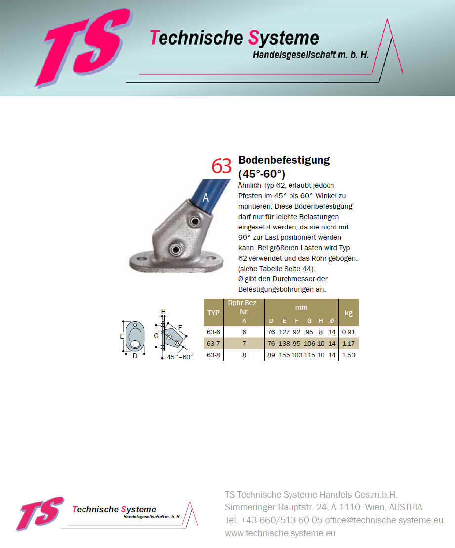 KK63-7 Kee Klamp Rohrverbinder Typ 63 Größe 7        Bodenflansch  45°-60° verz. ID 42.4mm