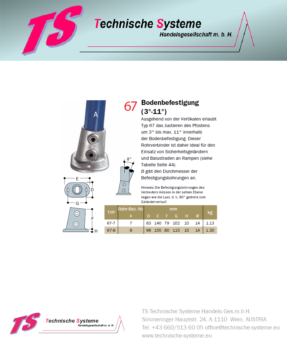 KK67-7 Kee Klamp Rohrverbinder Typ 67 Größe 7        Bodenflansch 3°-11° verz.ID 42.4mm